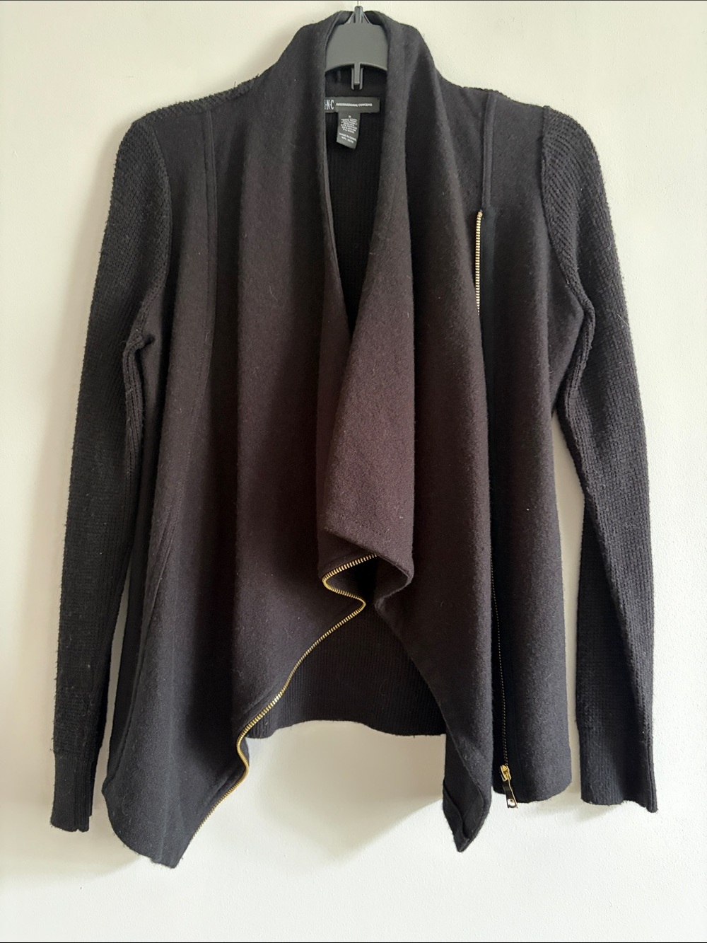 INC International Concepts Black Open-Front Cardigan with Gold Zip Accent